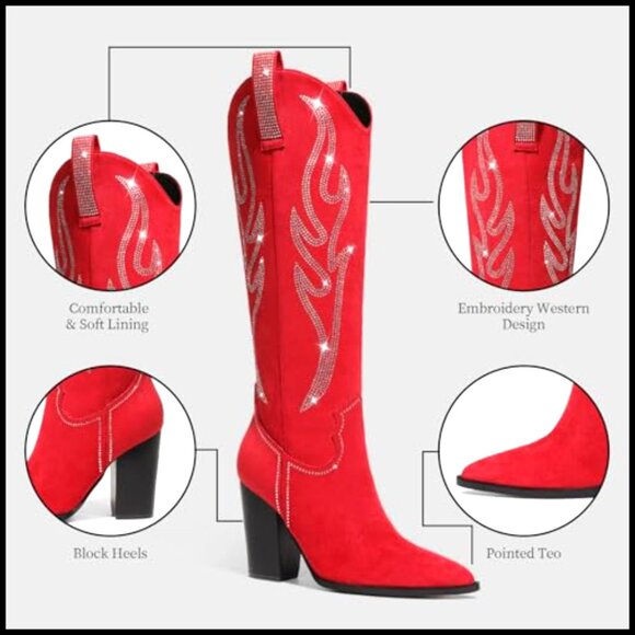 Knee High Cowboy Boots Suede Rhinestone Embroidered Western Chunky Heel - Picture 3 of 5